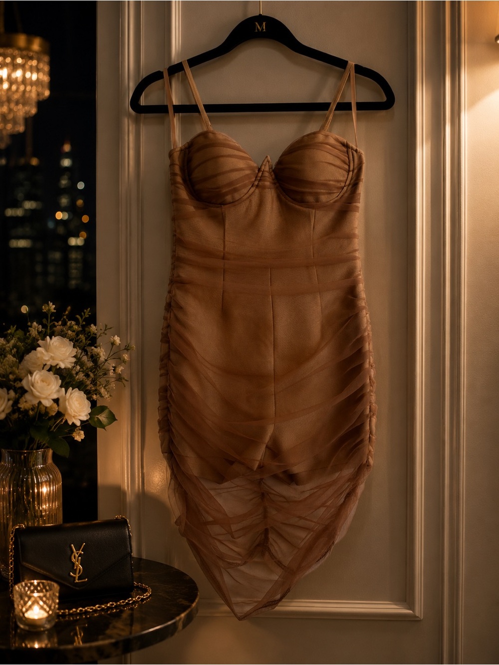Sheer Ruched Brown Mesh jumpsuit with Underwire Bust